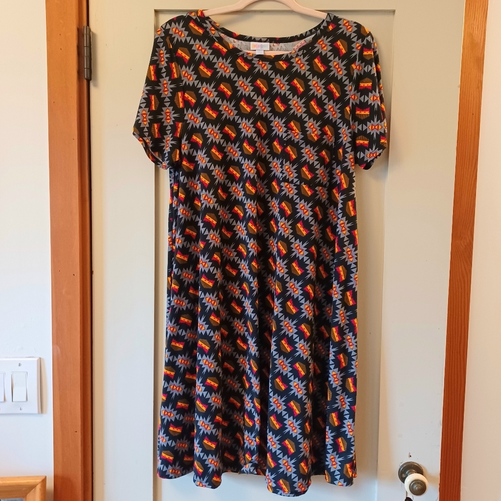 LuLaRoe Carly Dress, XL, Aztec Print, Black, Red, Blue Midi Dress